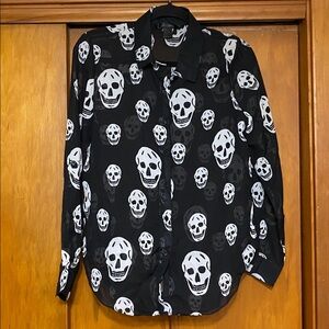 Sheer Black White Skull Print Button-Up Shirt Halloween Costume Goth Punk